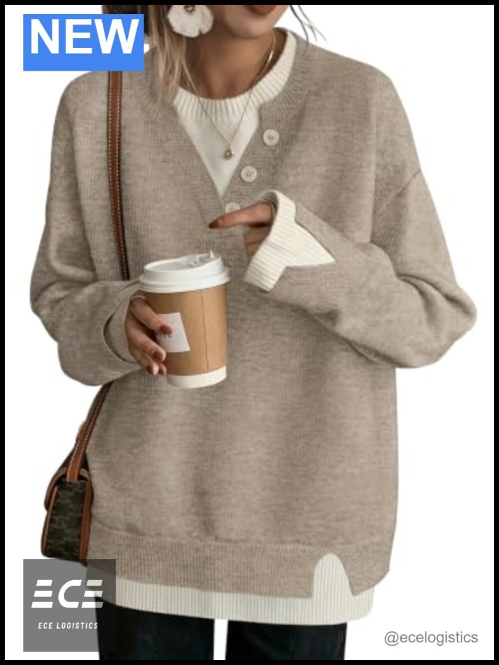Oversized Knit Pullover Sweater Crew Neck Drop Shoulder Women's